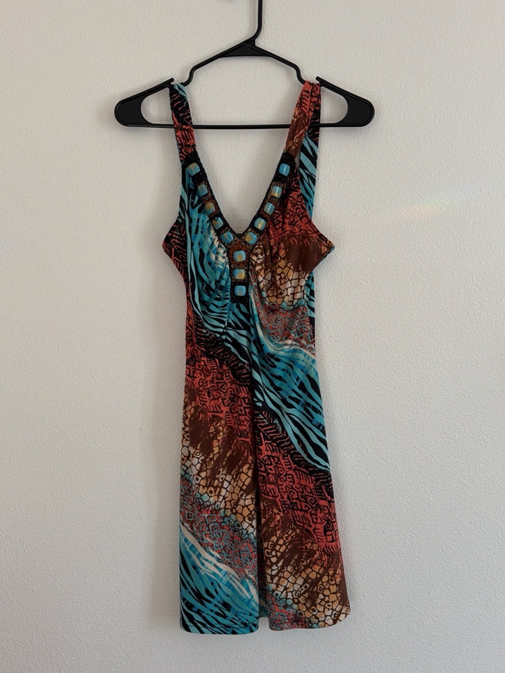 VENUS Y2K V-Neck Multicolor Midi Dress - Turquoise & Rust